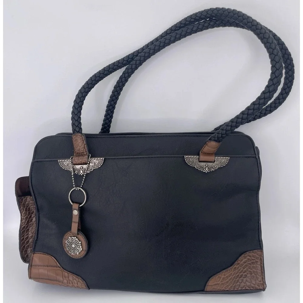 Bueno Black Croc Embossed Faux Leather Shoulder Bag Braid Handle Mixed Media